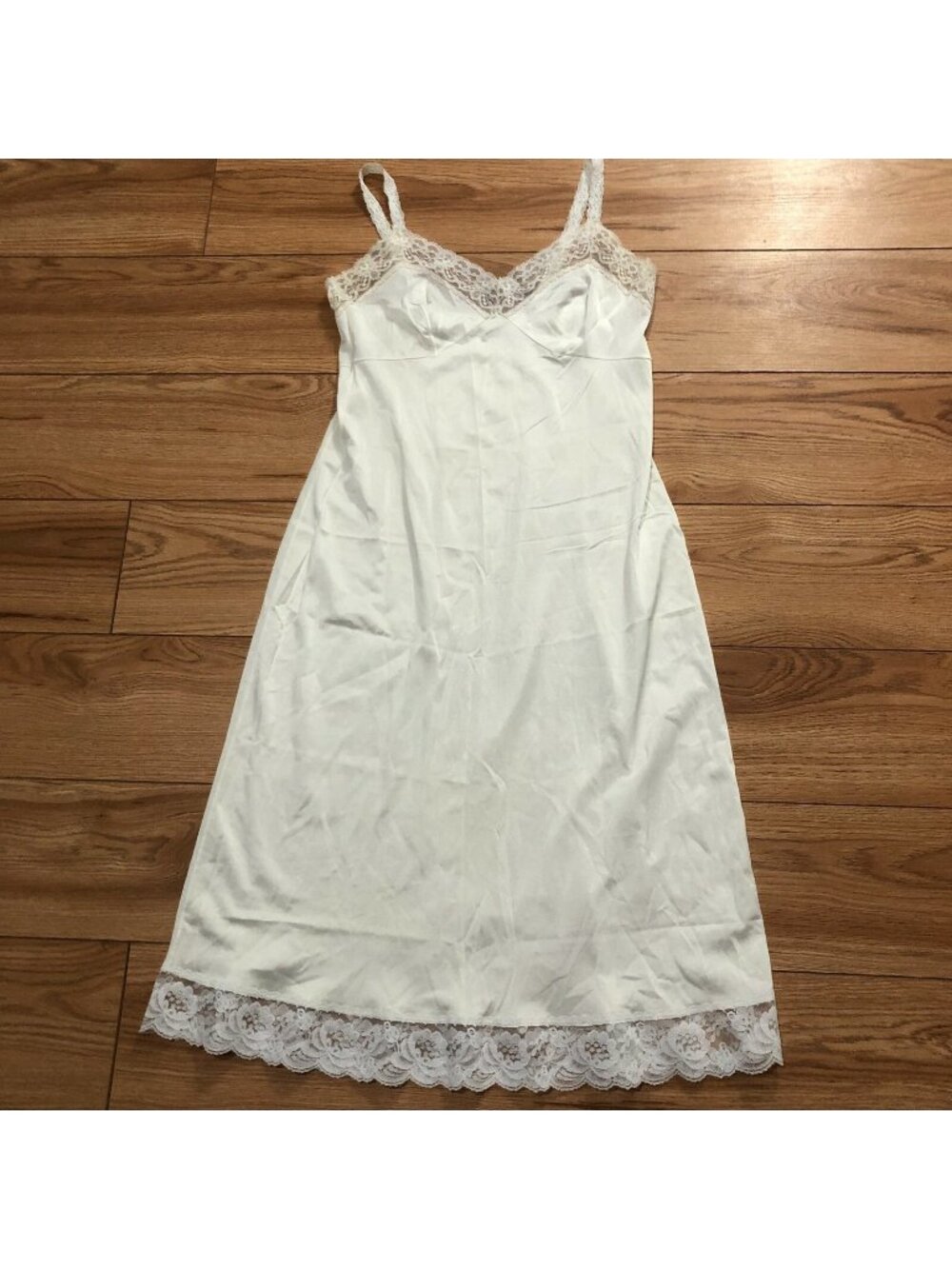 Vintage French Maid Nightgown Silky Nylon & Lace Lingerie Ivory White Sz 38 (M)